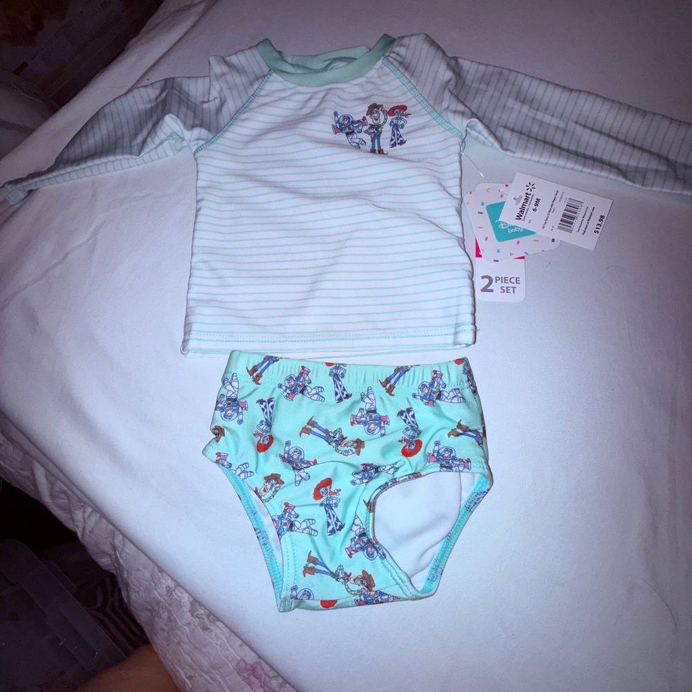 Disney Baby Toy Story Rash Guard Set Kids 6-9M Green New Long Sleeve Striped
